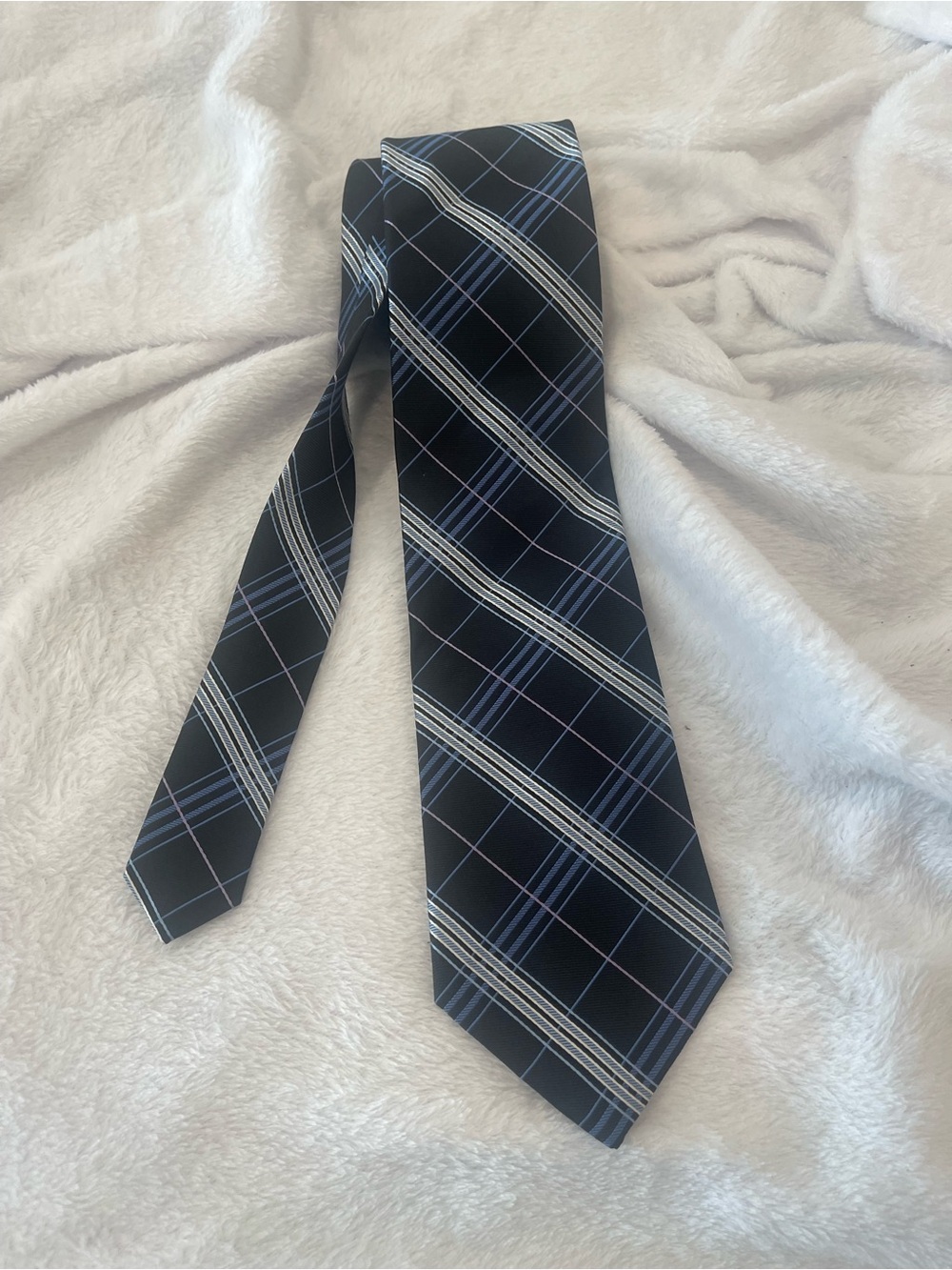 Nautica Black Tie with Blue and White Plaid 100% silk